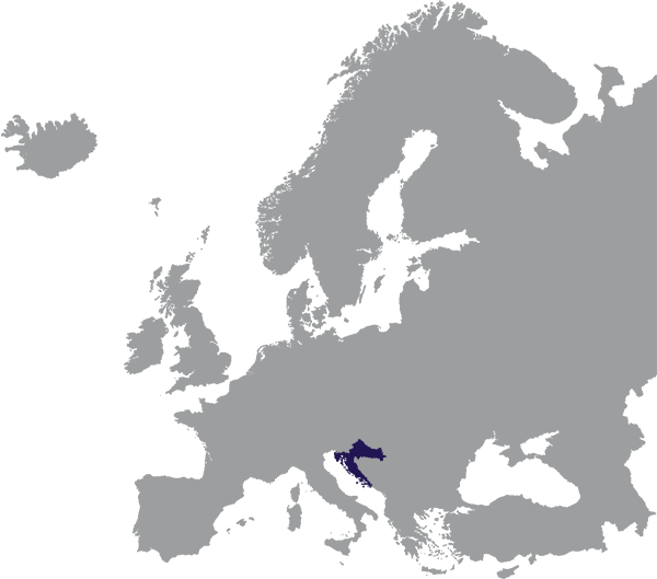 Kroatië aangegeven in donkerblauw op grijze kaart van Europa - op transparante achtergrond - 600 x 529 pixels